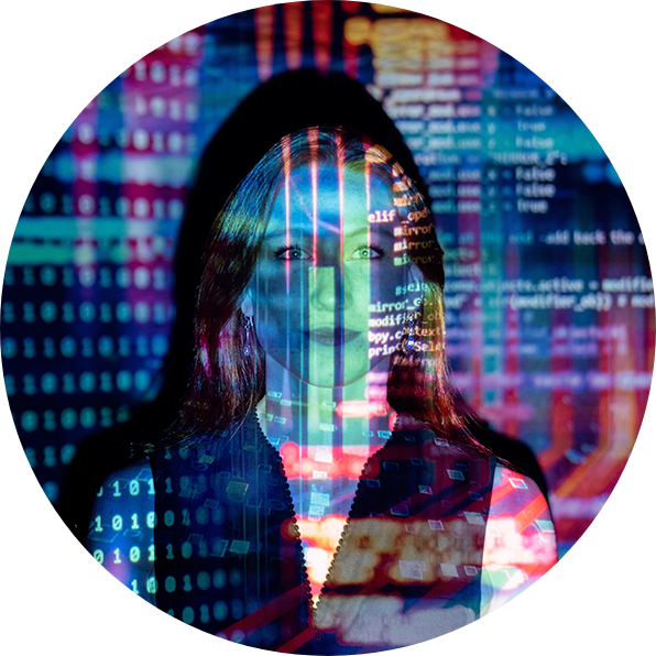 woman with code projected on her face