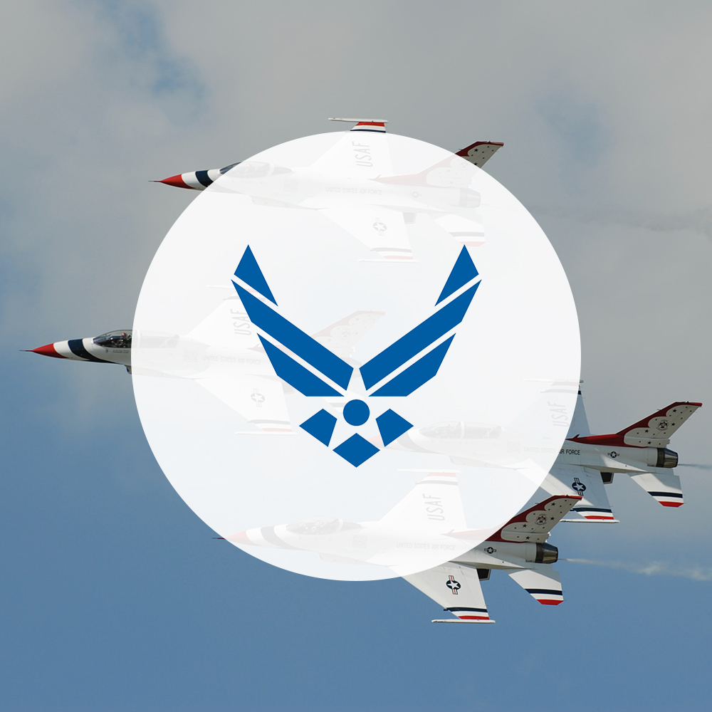 USAF logo over jets flying through the sky