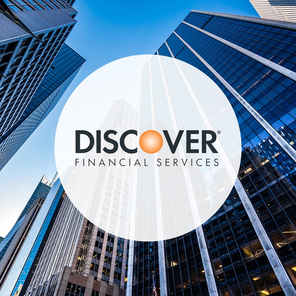 Discover Financial Services logo over New York skyscrapers