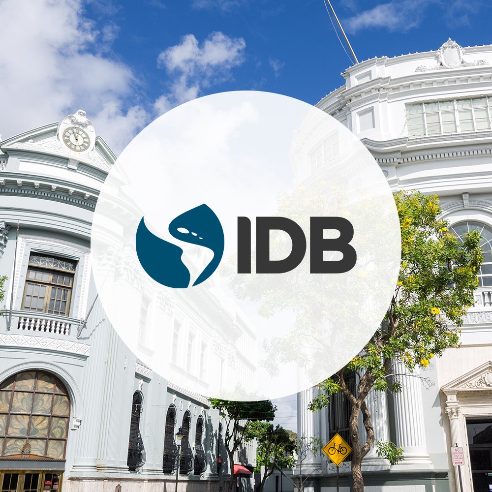 Inter-American Development Bank logo over a bank in Puerto Rico