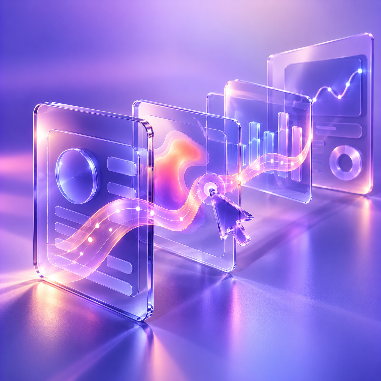 Glass dashboard panels with a glowing data stream flowing through UI screens and analytics charts